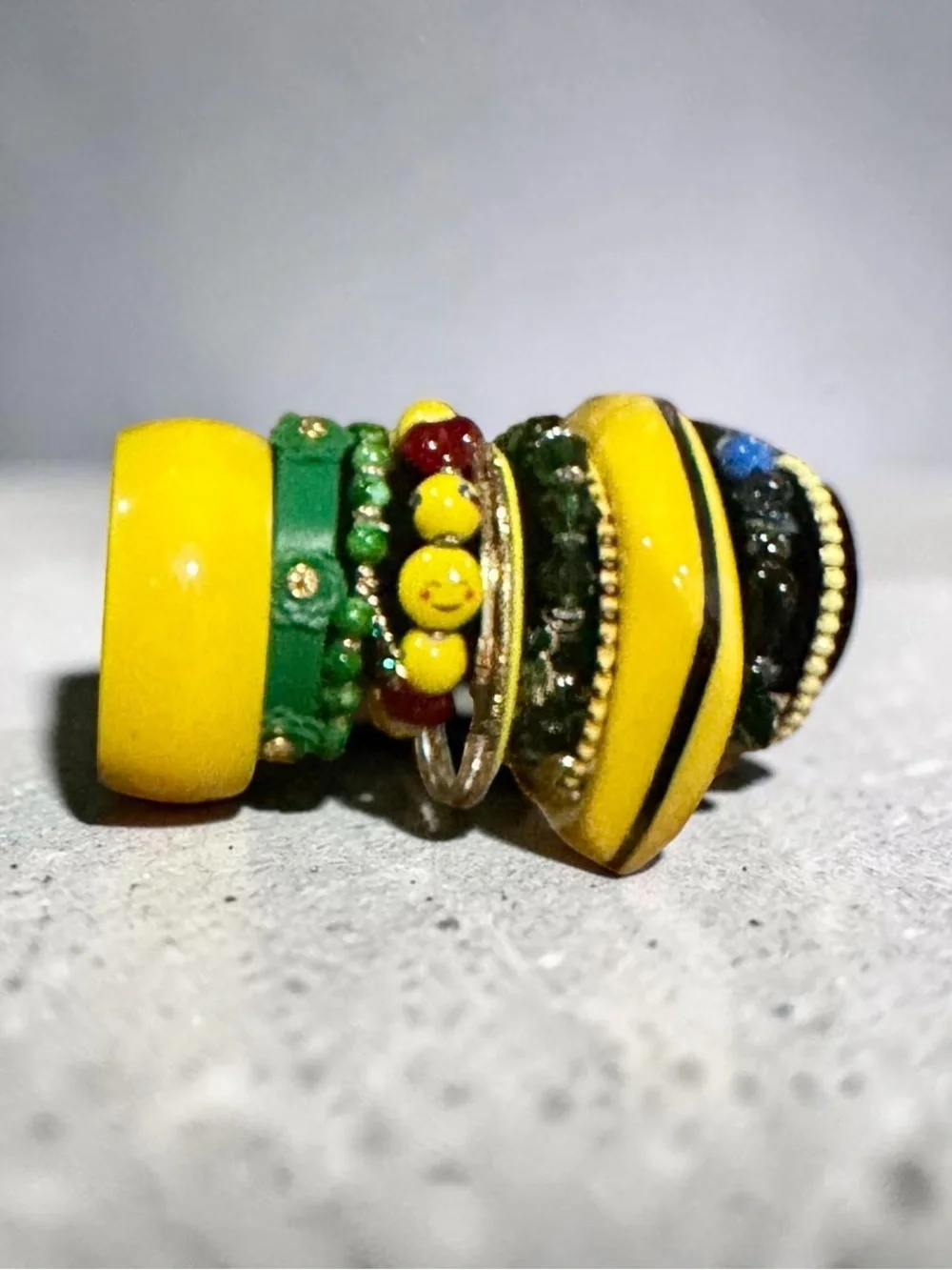 Boho Beaded Bracelet Stack Yellow Green Resin Wood Smiley Face Stretch Set - Picture 2 of 7